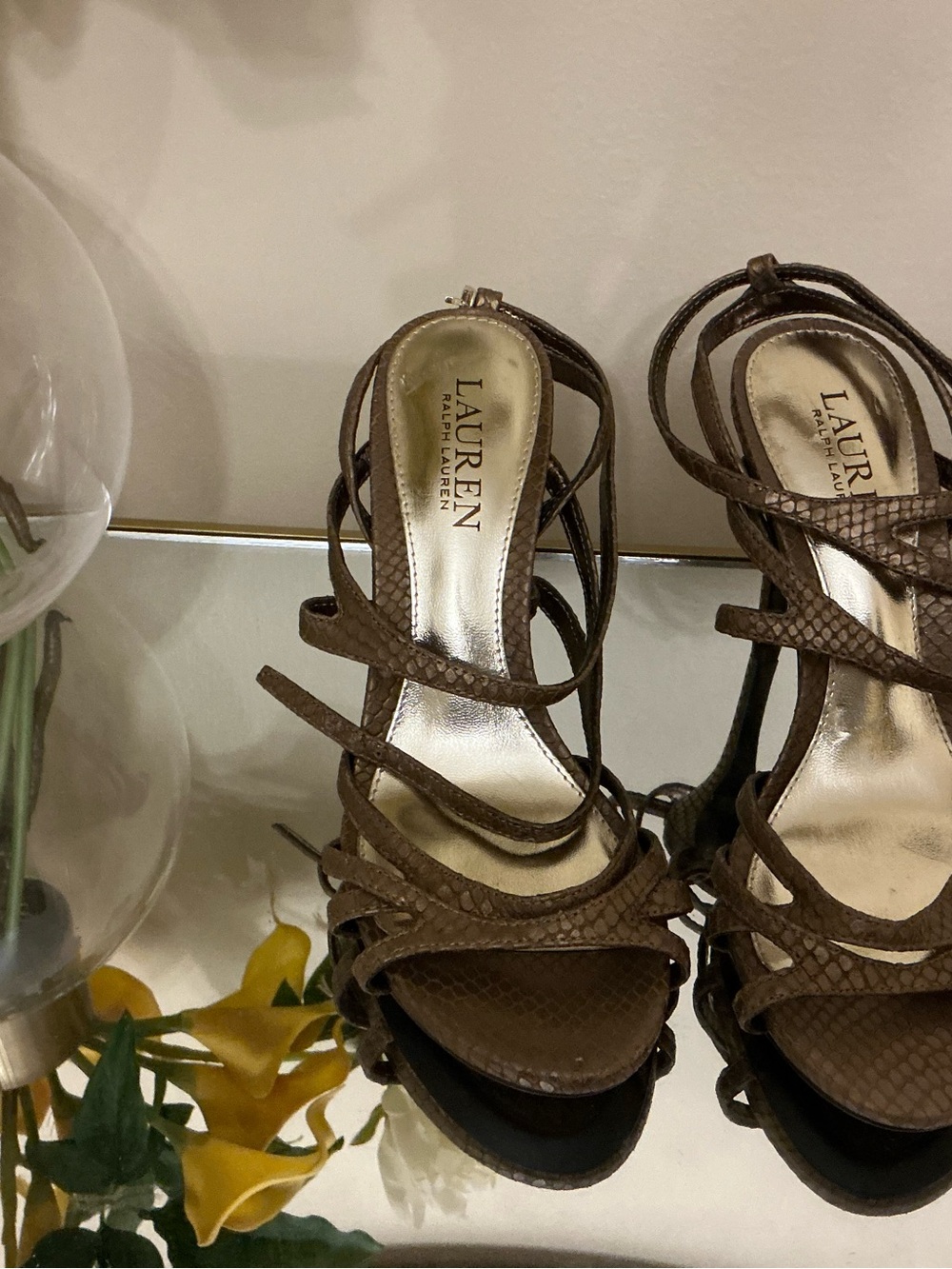 LAUREN Ralph Lauren Brown Snake-Embossed Strappy Heels